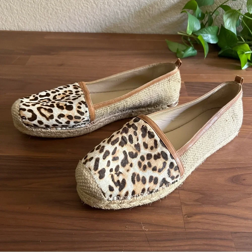 Stuart Weitzman The Camping Espadrilles Leopard Hair Calf Leather Tan, size 10.5
